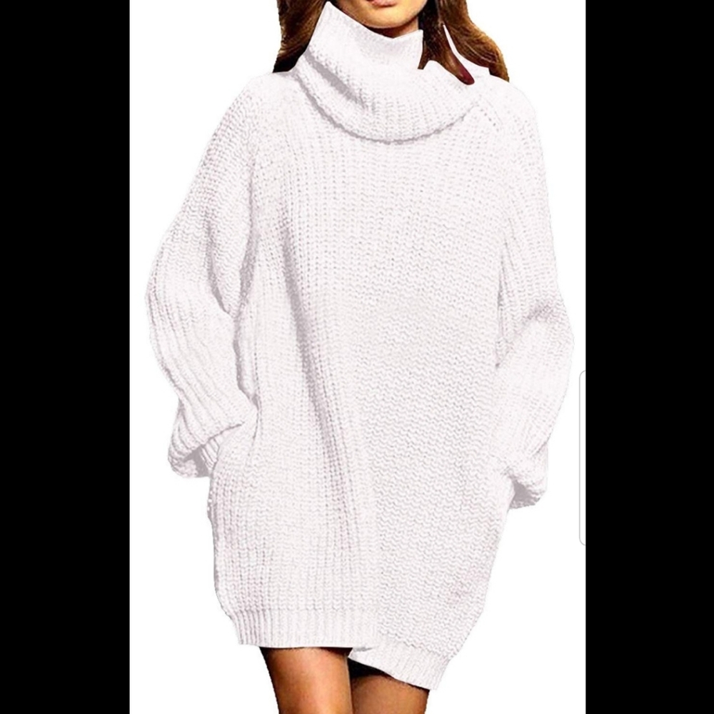 White Long Sleeve Turtleneck Dress
